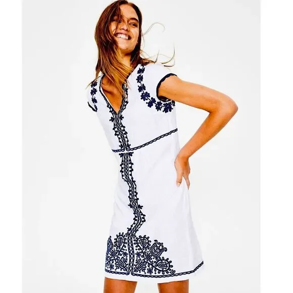 Boden Bea Linen Embroidered Dress - Cabin Blue Ticking Stripe Size US 2 (2R) - Picture 2 of 16